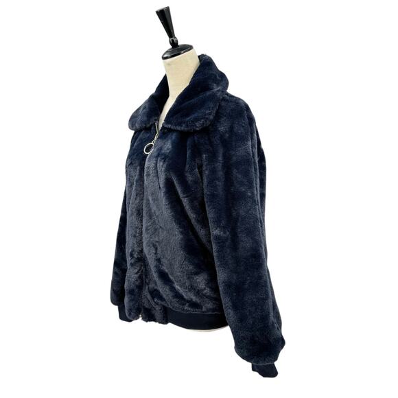 Molly Bracken Dark Navy Soft Faux Fur Wide Collar Zipper Bomber Jacket w Pockets - Picture 4 of 13